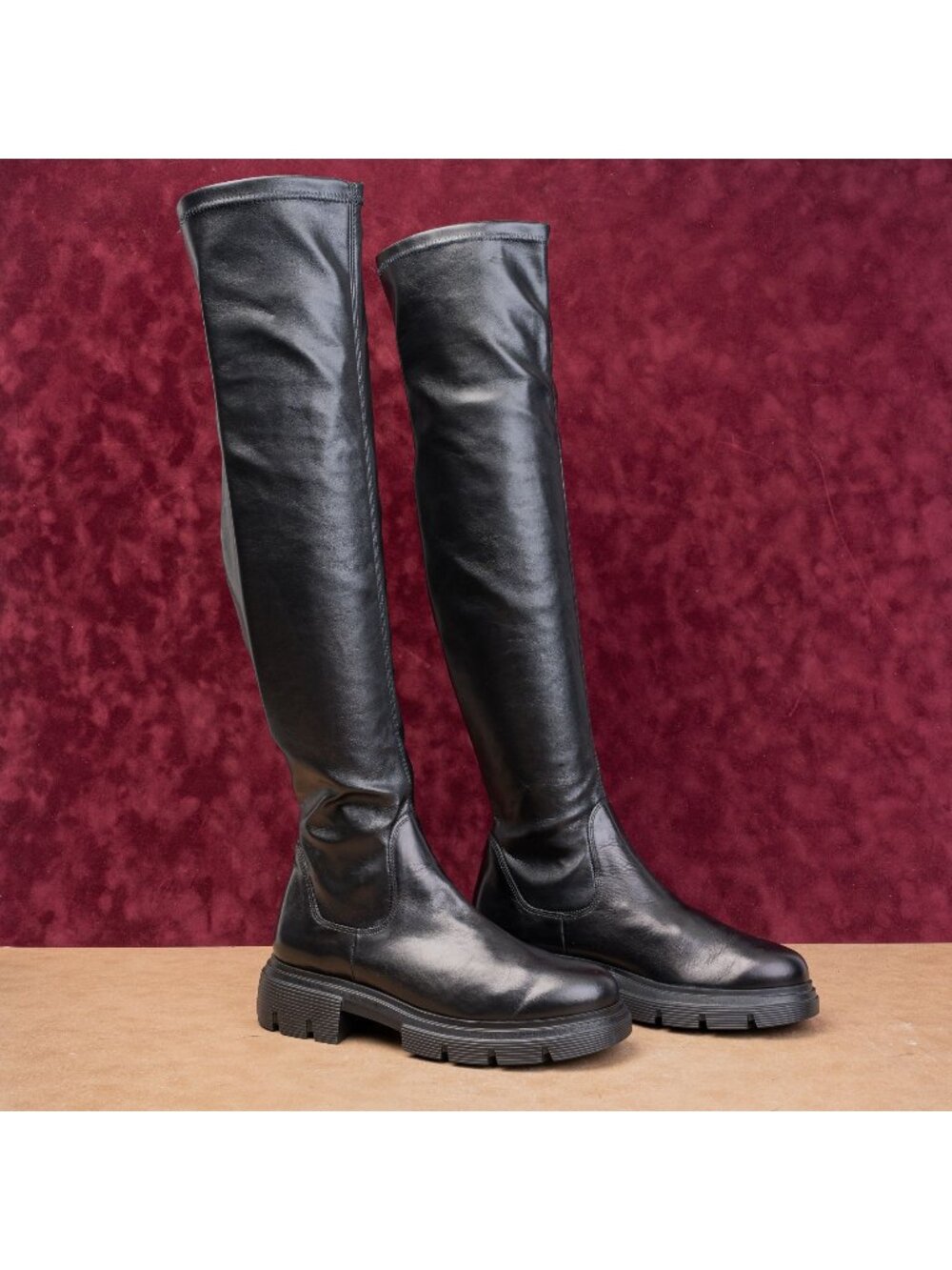 Paul Green Women Osborne Black Leather OTK Fashion Platform Boots 9.5US 7AU